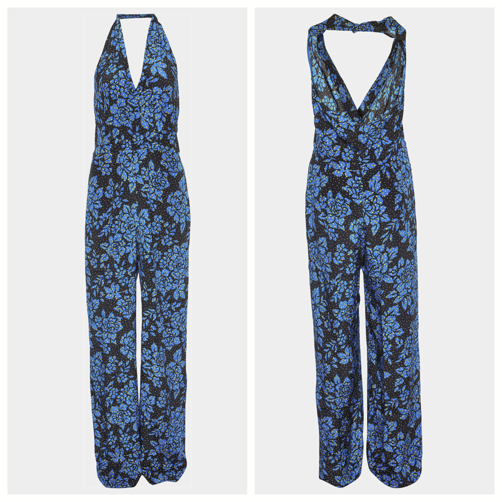DVF Diane Von Furstenberg 100% Silk Black & Blue Halter Jumpsuit Women's Size 12 - Picture 6 of 16
